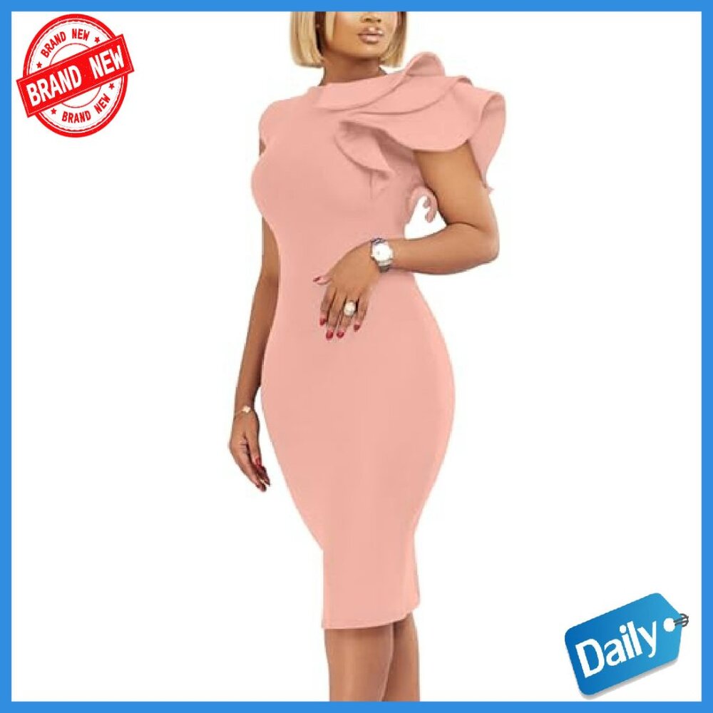 Elegant Formal Bodycon Ruffle Sleeveless Midi Cocktail Party Dress - Picture 3 of 7